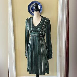 T Tahari | Black & Green Striped 100% Silk Empire Waist V-Neck Knee Length Dress